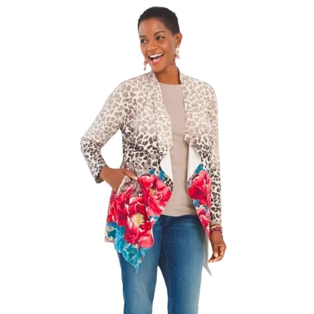 Chico’s suedes draped jacket leopard floral print beige and red size medium